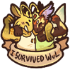 [Wind versus Light 2026] Badge by Hikumi. It shows Brad, a buff anthropomorphic Light Sprite, and Boff, a buff anthropomorphic moth, each with one arm over the other's shoulder and their outer arms raised up in celebration. A ribbon below them reads, ''I survived WvL'' in all caps.